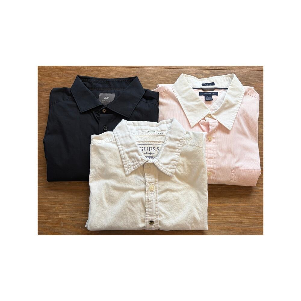Men’s L Button Down Shirt Lot Guess Tommy Hilfiger Black White Pink Bundle 3